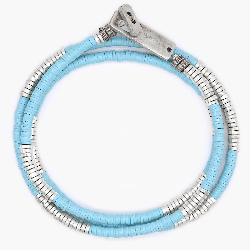 Glimmer spark bracelet-3 Laps Bracelet With Vinyl And Sterling Silver Beads (Light Blue)