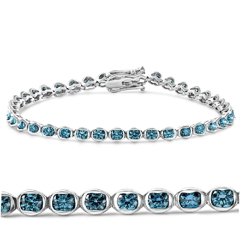 Crimped band bracelet-5Ct Blue Diamond Half Bezel Tennis Bracelet White or Yellow Gold 7"