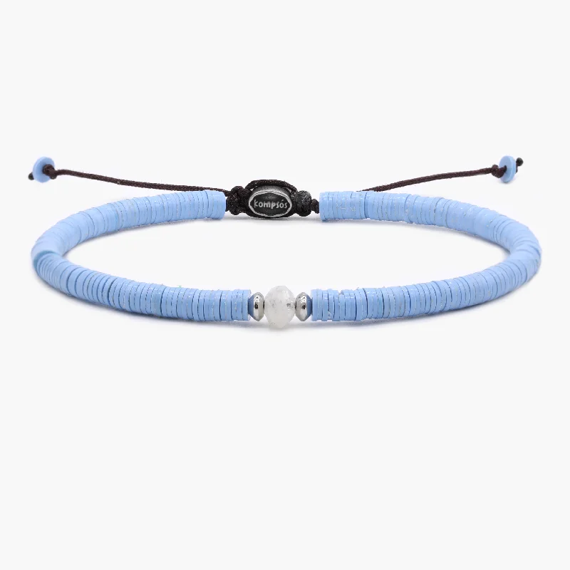 Linen band bracelet-5mm Vinyl Bracelet With Moonstone Charm (Light Blue)