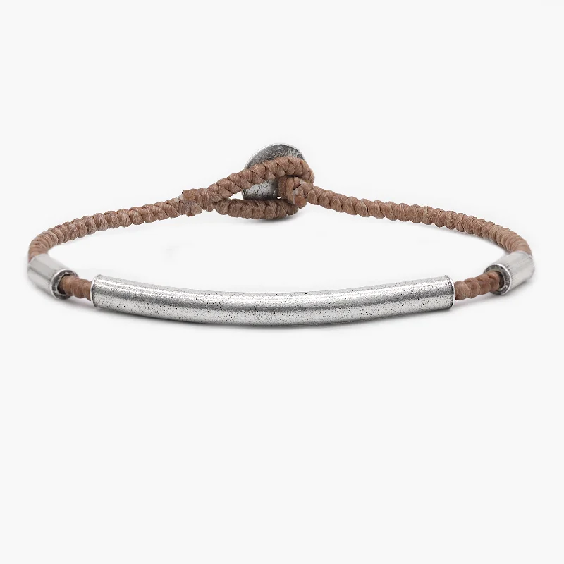 Knotted braid bracelet-Braided Bracelet With Sterling Silver Bar (Light Brown)