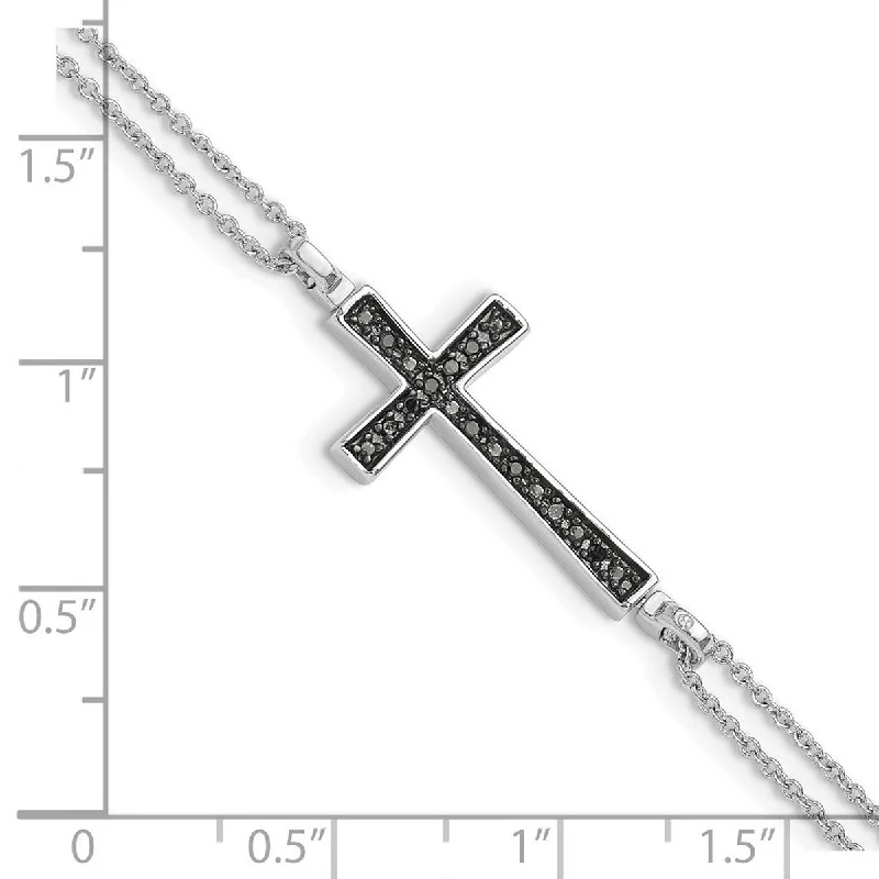 Classic mine bracelet-Curata 7.5mm 925 Sterling Silver Rhod 0.1ct. Blk and Wht Diamond Rvsble Religious Faith Cross 2 Strand Bracelet