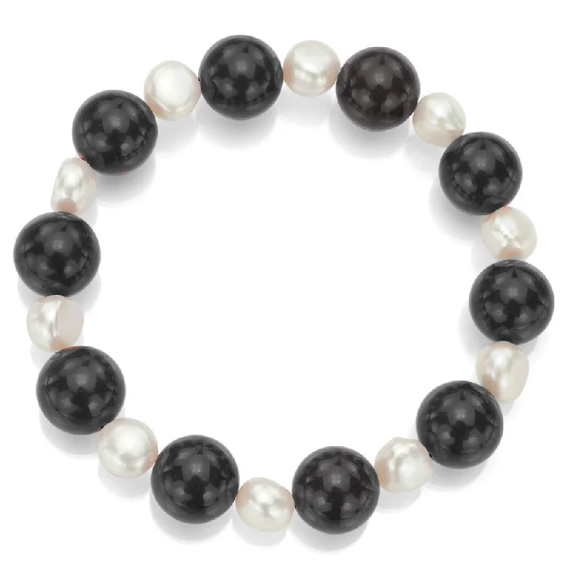 Galactic shine bracelet-DaVonna 12mm Round Black Onyx and 8-8.5mm White Freshwater Pearl Stretch Bracelet, 7.5"