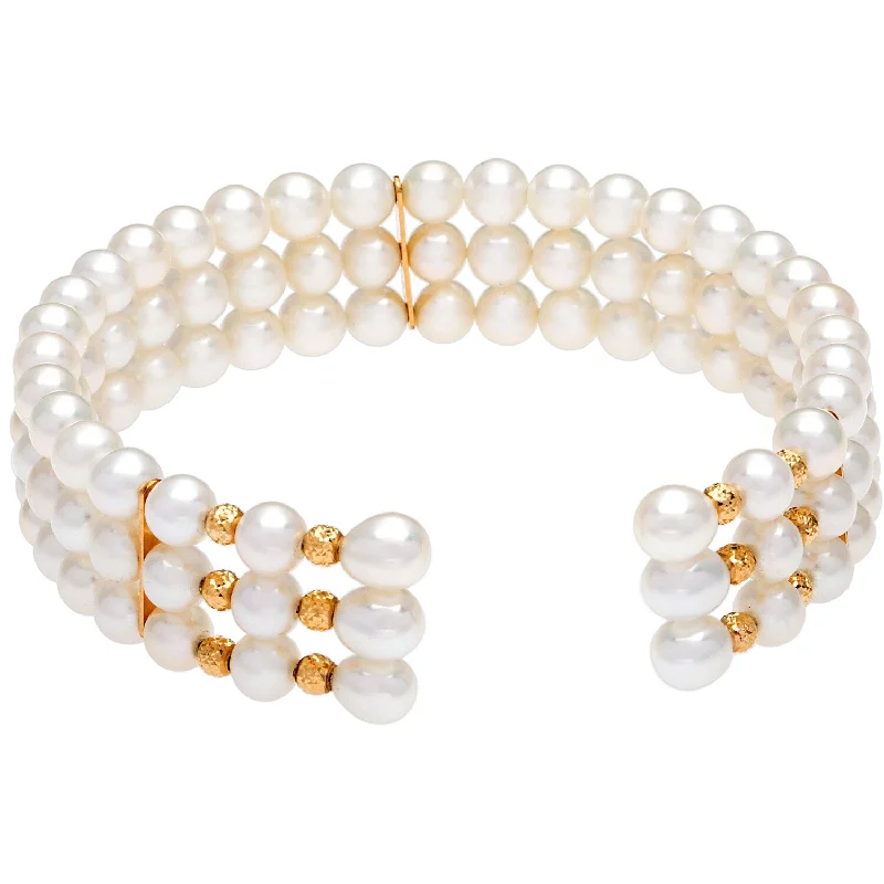 Side gem bracelet-DaVonna 14k Yellow Gold White Freshwater Pearl 3-row Cuff Bracelet