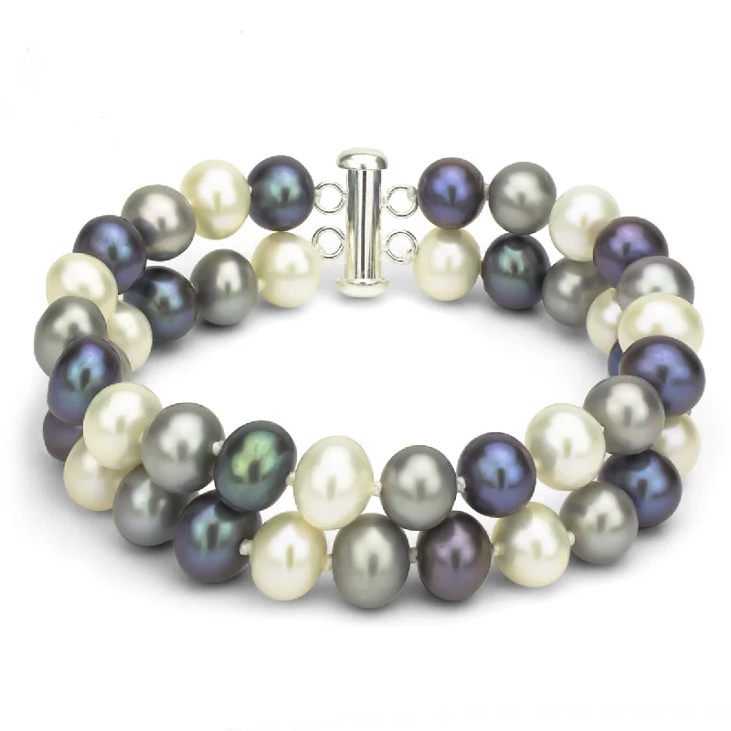 Check weave bracelet-DaVonna Sterling Silver 2-row White Freshwater Cultured Pearl Bracelet with Tube Clasp (8 - 9mm)