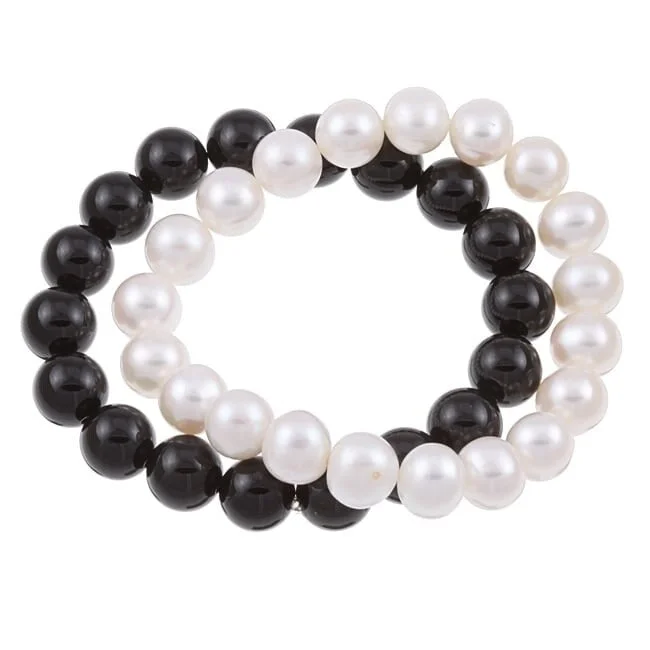 Forged cuff bracelet-DaVonna White FW Pearl and Black Onyx 2 7-inch Stretch Bracelets (9-10 mm)