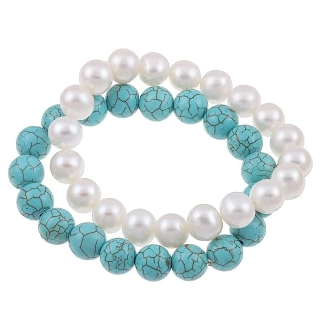 Frayed rim bracelet-DaVonna White FW Pearl and Turquoise 2 7-inch Stretch Bracelets (9-10 mm)