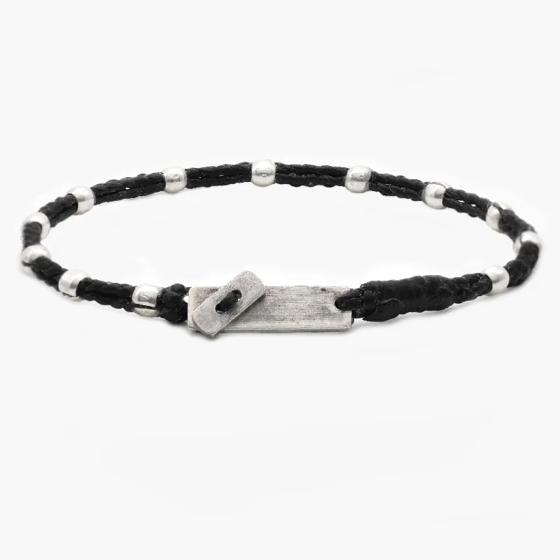 Chiseled groove bracelet-Double Braided Cord With Sterling Silver Crimped Beads Bracelet (Black)