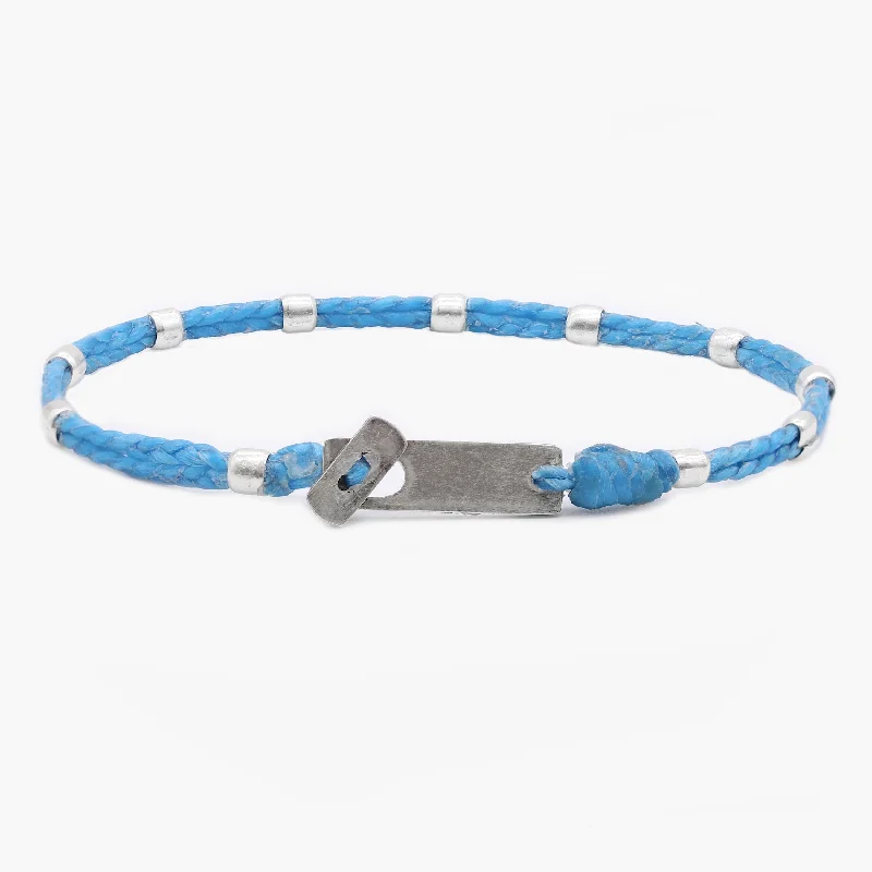 Triad metal bracelet-Double Braided Cord With Sterling Silver Crimped Beads Bracelet (Light Blue)