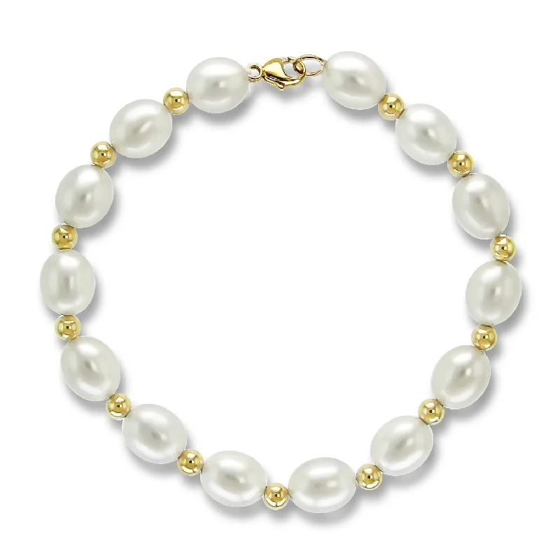 Flow stripe bracelet-Freshwater 8-8.5mm Pearl Bracelet with 4mm Gold Beads in 14k 7.5inches