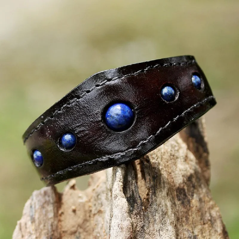 Lily flower bracelet-Handmade Leather 'Power Blue' Lapis Lazuli Bracelet (Thailand)