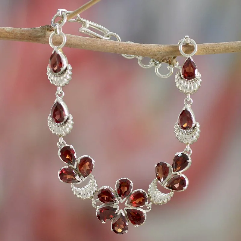 Jute weave bracelet-Handmade Sterling Silver 'Cherry Blossom' Garnet Bracelet (India)