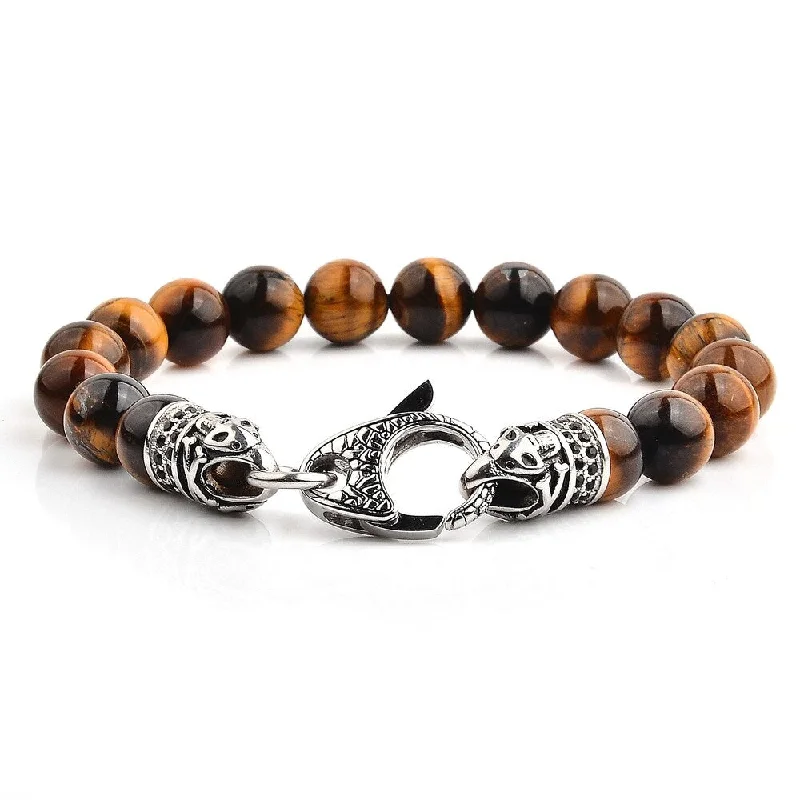 Branch stem bracelet-Men's Antiqued Stainless Steel Polished Tiger's Eye Beaded Bracelet (10mm) - 8.5"