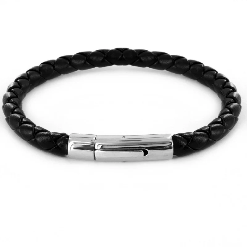 Scored rim bracelet-Men's Black Leatherette and Steel Clasp Braided Cuff Bracelet