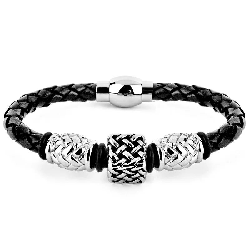 Bent sprig bracelet-Men's Lattice Steel Square Bead Braided Leather Bracelet