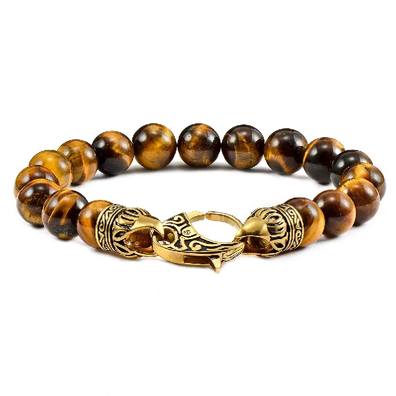 Viking twist bracelet-Men's Natural Stone Bead Gold Plated Steel Clasp Bracelet (10mm) - 8"