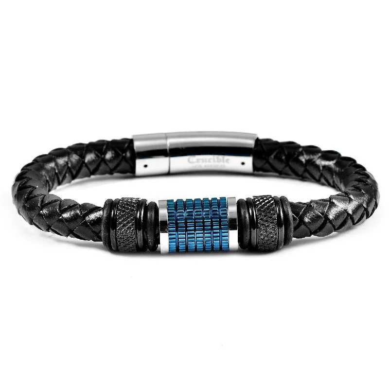 Blossom wrap bracelet-Men's Stainless Steel Beads Black Leather Bracelet (8mm) - 8.25"