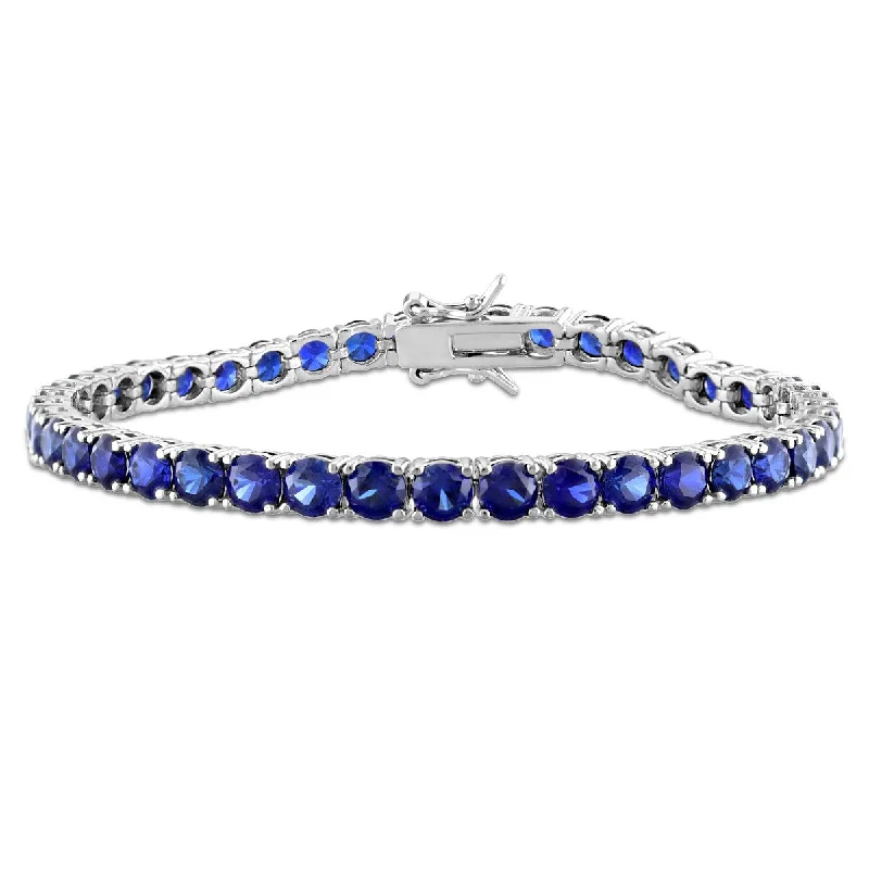 Wavy rim bracelet-Miadora 14-1/2ct TGW Created Blue Sapphire Classic Tennis Bracelet Sterling Silver