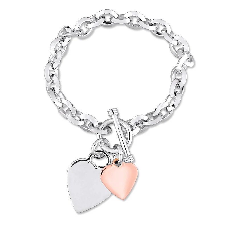 Marble fleck bracelet-Miadora 2-Tone White and Rose Plated Sterling Silver Double Heart Charm Bracelet