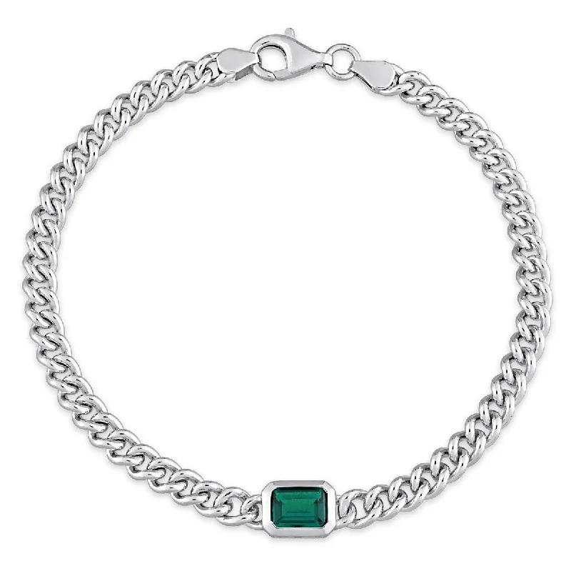 Round-cut zircon bracelet-Miadora 7/8ct TGW Octagon Created Emerald Curb Link Chain Bracelet in Sterling Silver