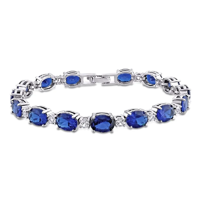 Tin forged bracelet-Miadora Sterling Silver Created Blue and White Sapphire Oval Link Tennis Bracelet