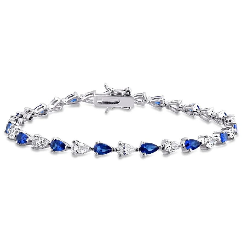 Uncut gem bracelet-Miadora Sterling Silver Pear-cut Created Blue and White Sapphire Tennis Bracelet