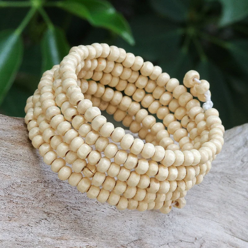 Braided band bracelet-Novica Handmade Ivory Spin Wood Beaded Wrap Bracelet (1 In)