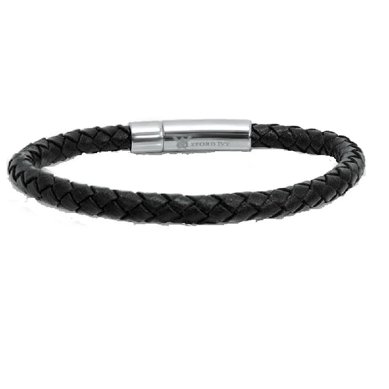 Knotted braid bracelet-Oxford Ivy Black Leather and Stainless Steel Men's Bracelet 8 1/2 inch with Locking Clasp