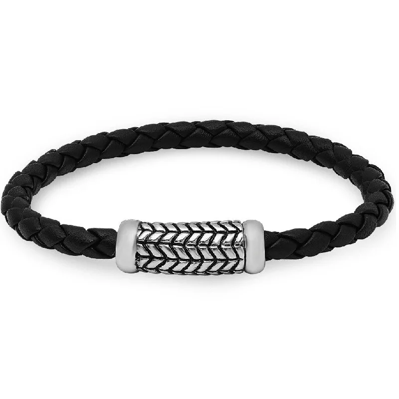 Navy sapphire bracelet-Oxford Ivy Braided Black Leather Bracelet with Magnetic Stainless Steel Clasp -8 3/4 inches