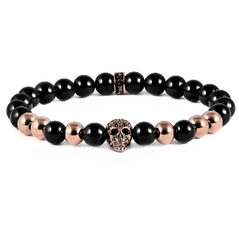 Frayed rim bracelet-Stainless Steel Skull and Onyx Stone Beaded Stretch Bracelet (8mm)