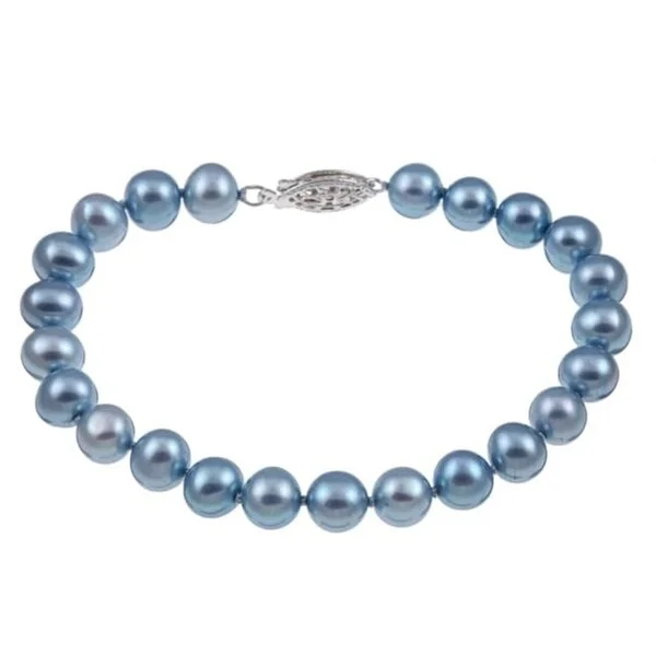 Petrified shard bracelet-Sterling Silver Blue Freshwater Pearl Bracelet (7.5-8mm)