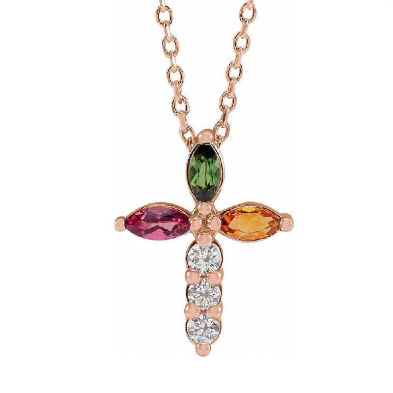 Chiseled groove necklace-14K Gold Multi-Gemstone & 1/10 CTW Diamond Cross Necklace, 16-18 Inch