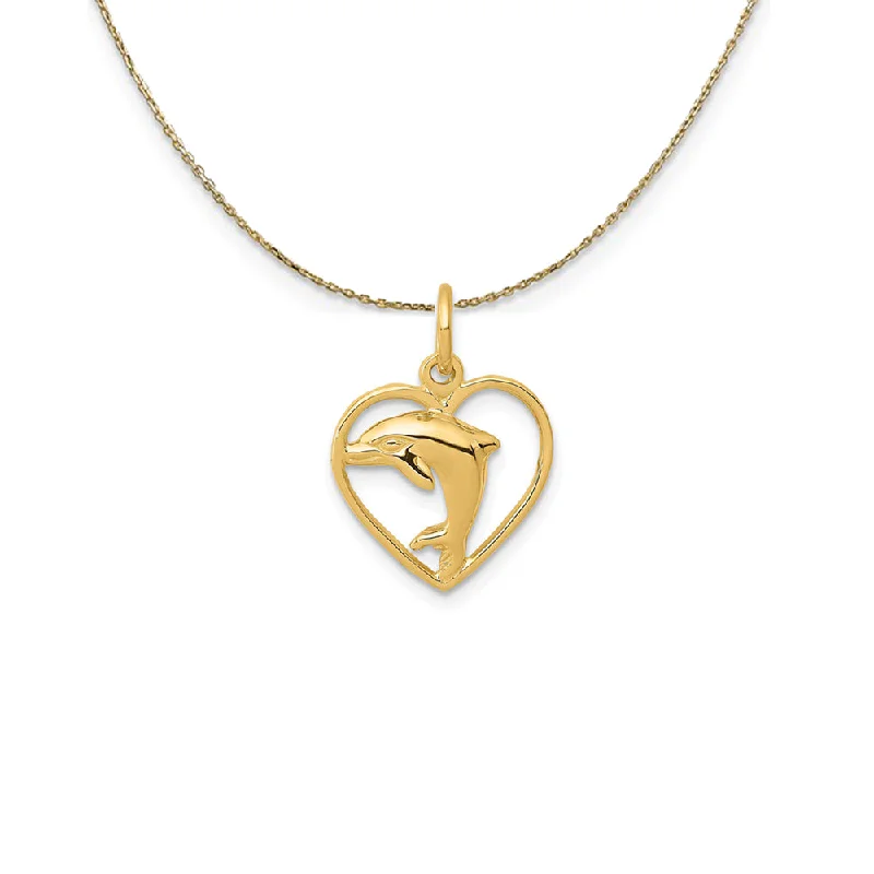 14k Yellow Gold 13mm Dolphin and Heart Necklace