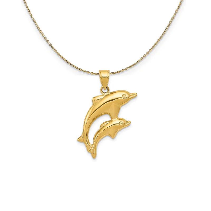 Snapped clasp necklace-14k Yellow Gold 3D Mother and Baby Dolphin Necklace