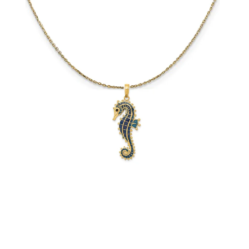 Braided chain necklace-14k Yellow Gold Large Blue Enameled Seahorse Necklace