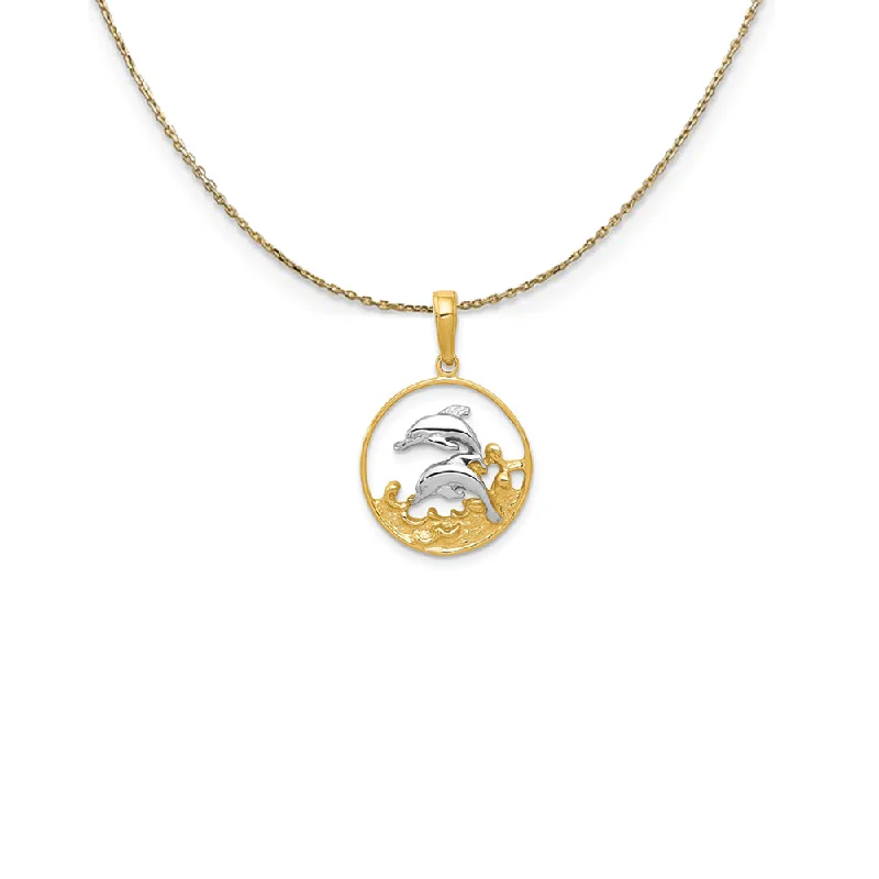 Wool weave necklace-14k Yellow Gold Two Tone Double Dolphins in Circle Necklace