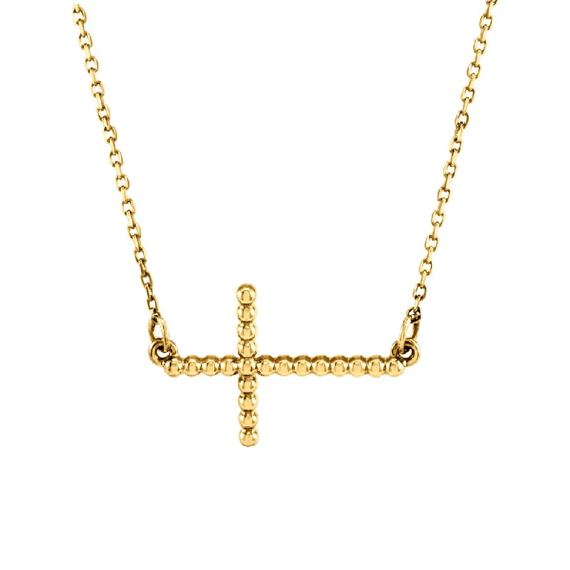 Onyx vein necklace-15.5mm Sideways Beaded Cross Necklace in 14k Yellow Gold, 16.5 Inch