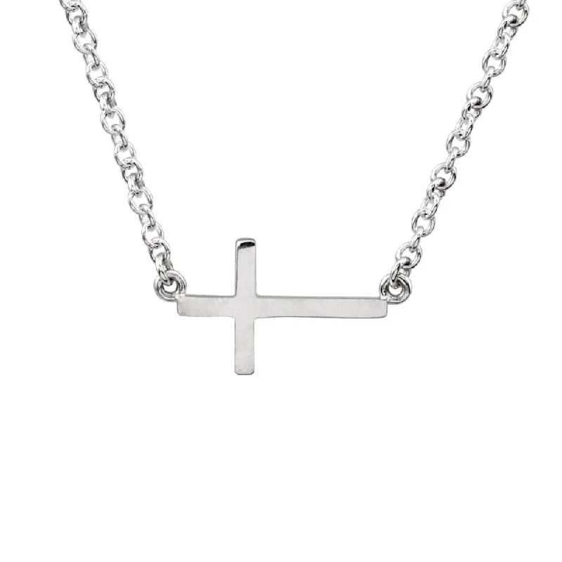 Sharp rim necklace-17mm Polished Sideways Cross Adjustable 14k White Gold Necklace