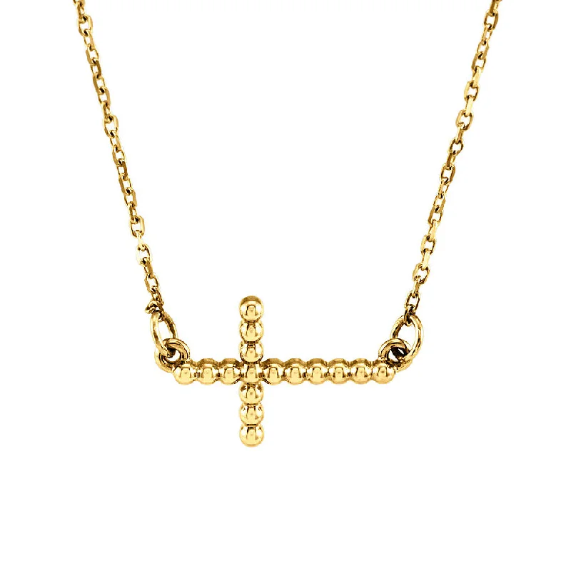 Spire gem necklace-19.5mm Sideways Beaded Cross Necklace in 14k Yellow Gold, 16.5 Inch