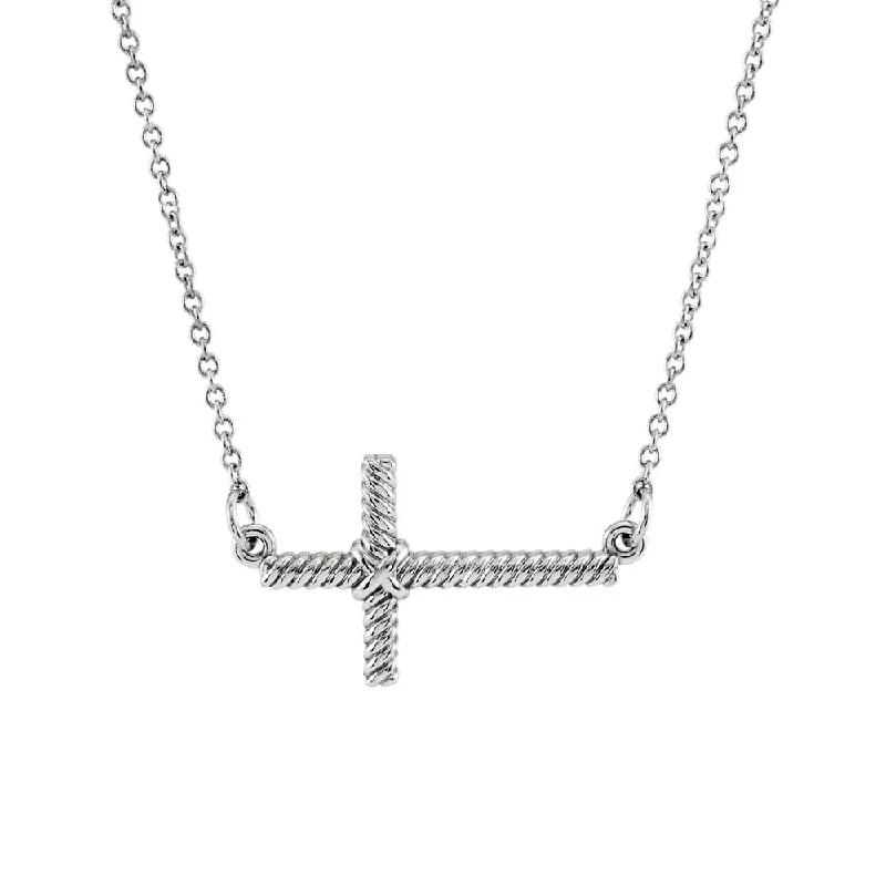 Gingham band necklace-20mm Sideways Rope Cross Necklace in 14k White Gold, 16.5 Inch