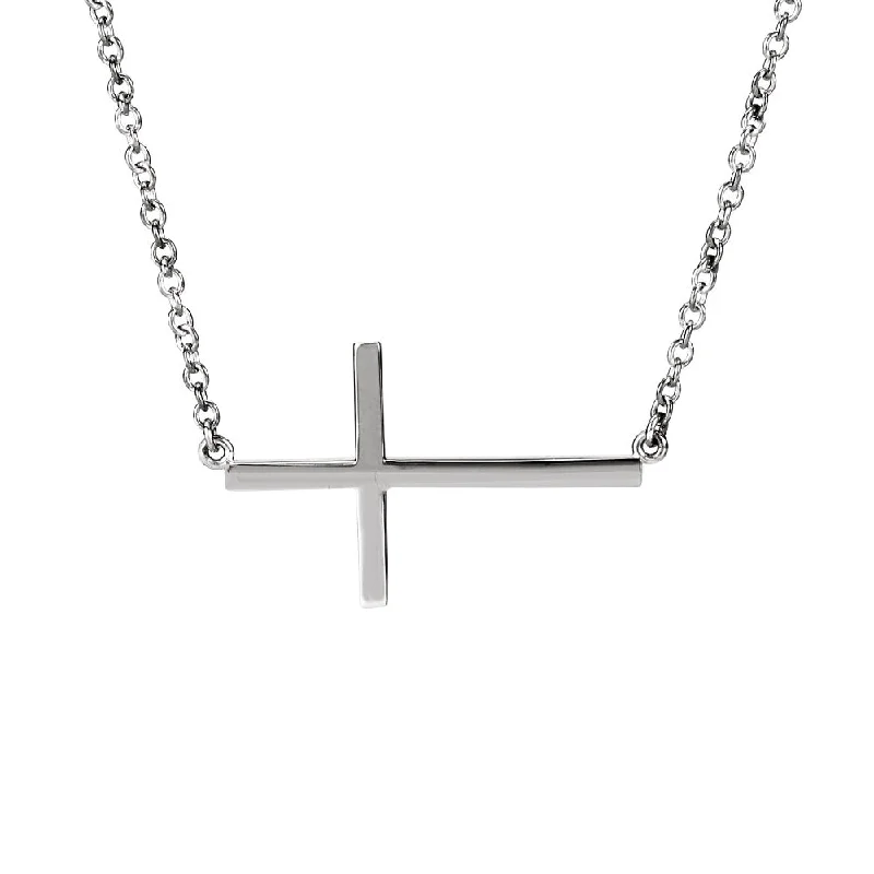 28mm Polished Sideways Cross Adjustable 14k White Gold Necklace