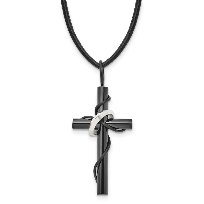 Recessed groove necklace-Black Plated Stainless Steel & Leather Cord Cross Necklace, 20 Inch