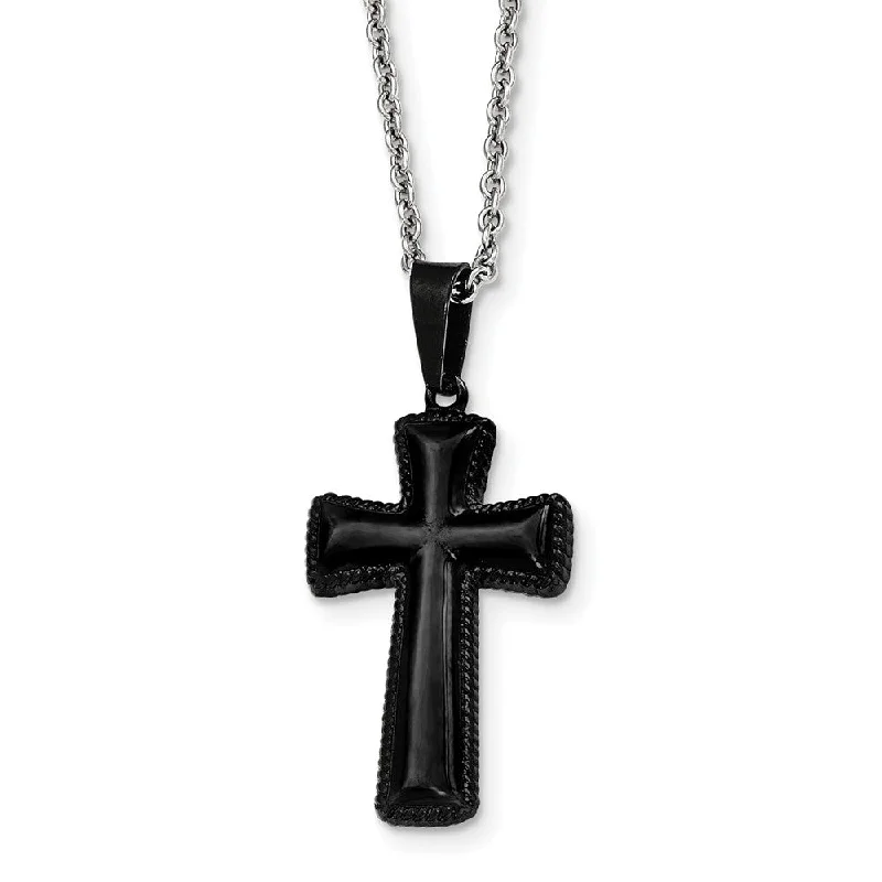 Medium Black Plated Pillow Cross Necklace in Stainless Steel, 18 Inch