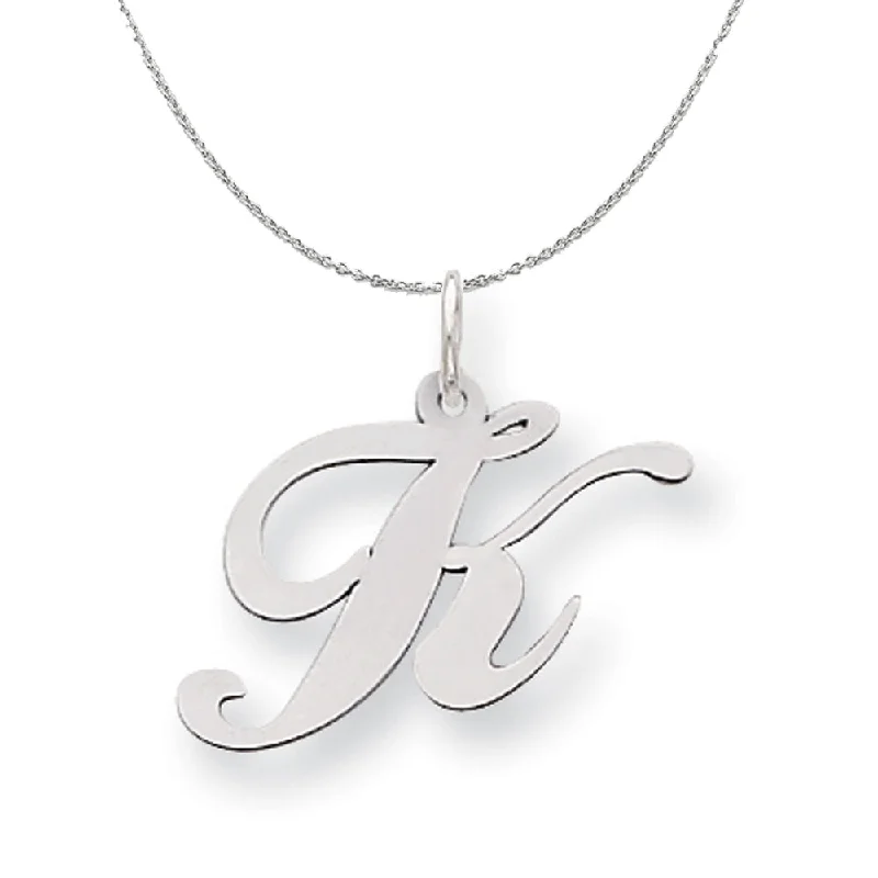 Silver, Ella Collection Medium Fancy Script Initial K Necklace