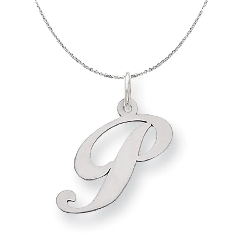 Recessed groove necklace-Silver, Ella Collection Medium Fancy Script Initial P Necklace