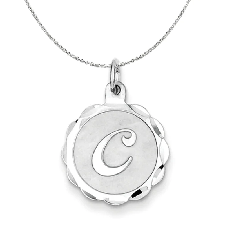 Sharp rim necklace-Silver, Sarah Collection 15mm Brocaded Disc Initial C Necklace