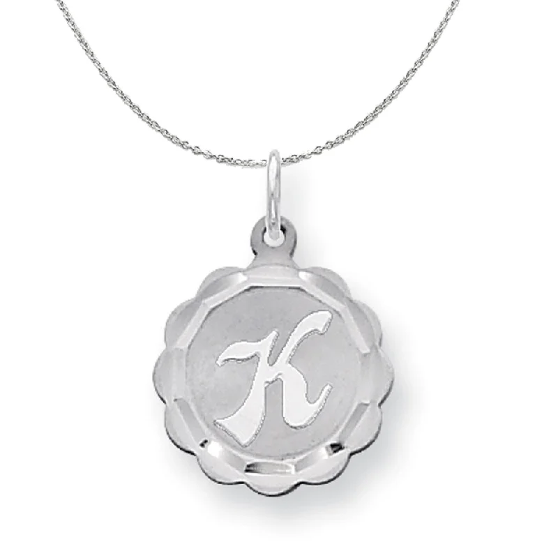 Tall bezel necklace-Silver, Sarah Collection 15mm Brocaded Disc Initial K Necklace