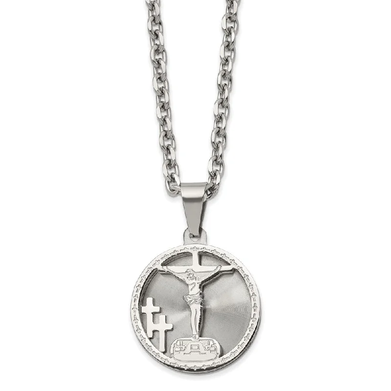 Smooth cut necklace-Stainless Steel 26mm Round Laser Cut Crucifix Necklace, 24 Inch