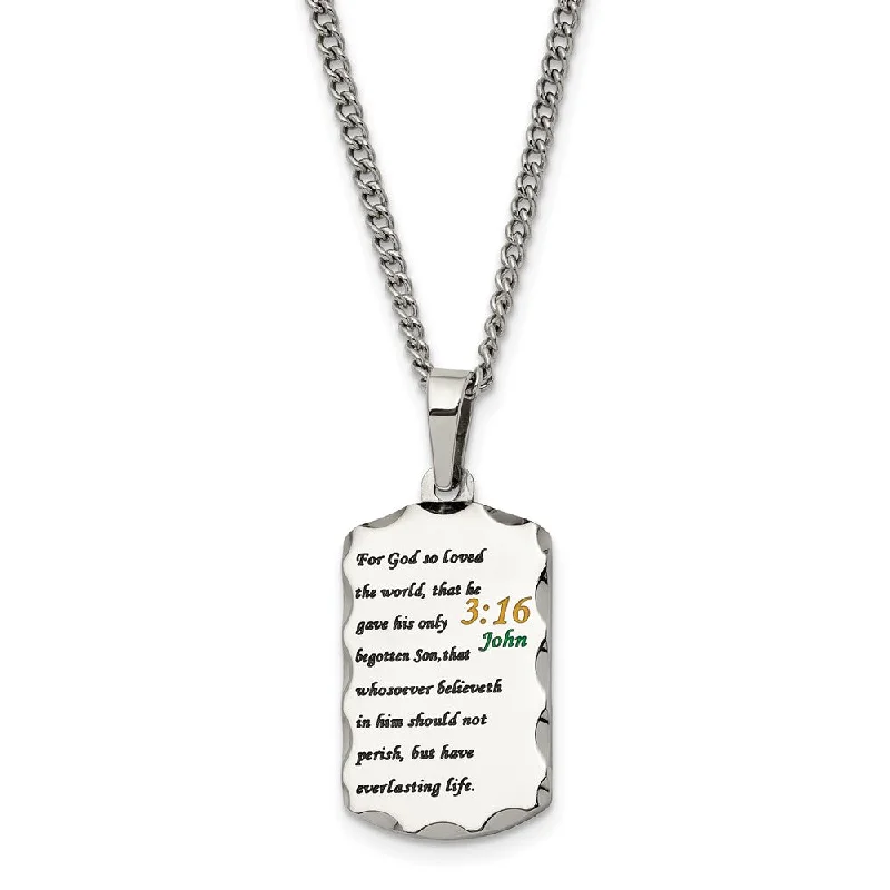 Stainless Steel Acid Etched John 3:16 Small Dog Tag Necklace, 24 Inch