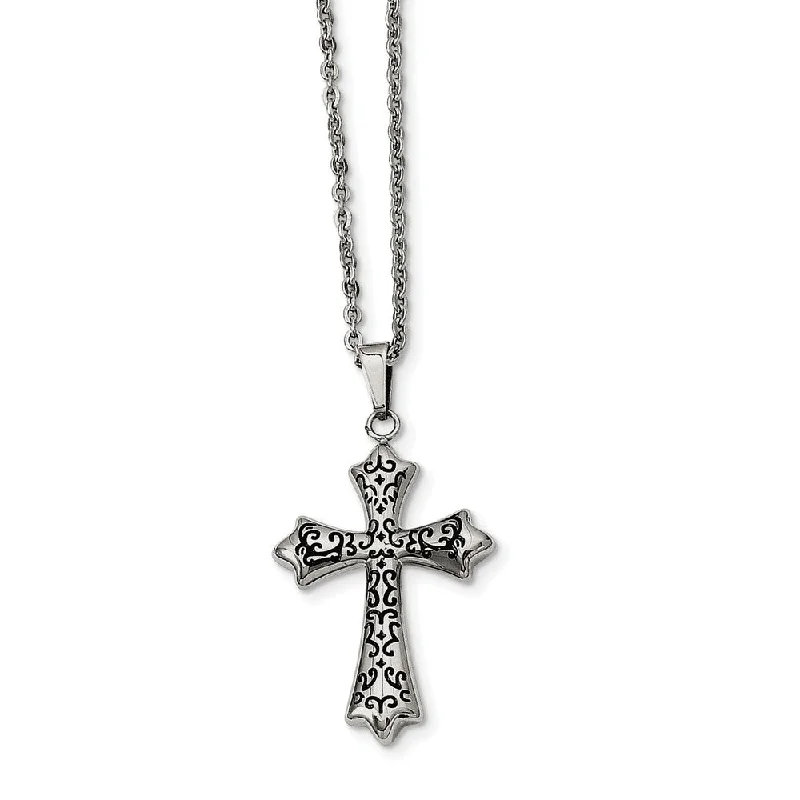 Inlaid design necklace-Stainless Steel and Black-plated Cross Necklace - 20 Inch