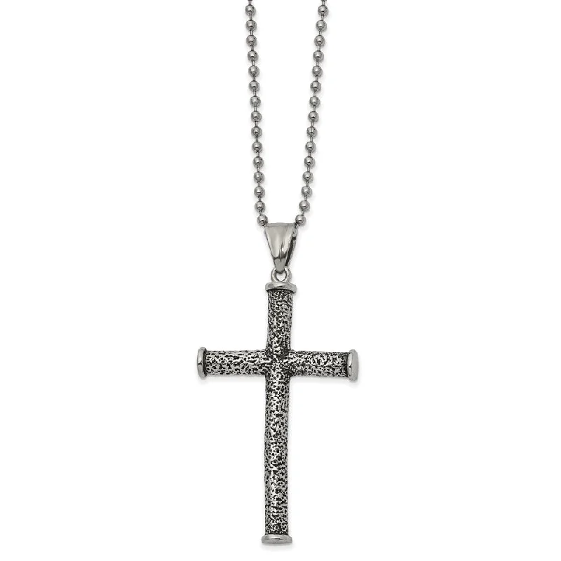 Stainless Steel Antiqued & Textured Large Tube Cross Necklace, 22 Inch